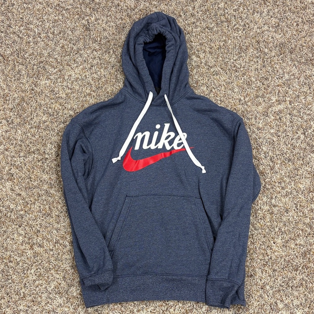 Nike Men's Dark Blue Hoodie with Red Logo